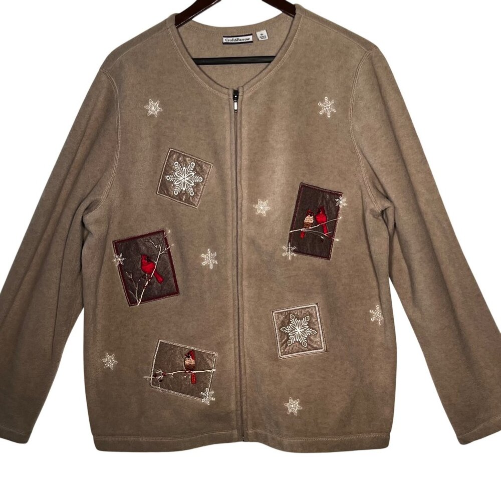 Croft & Barrow  XL Beige Cardinal Snowflake Embroidered Zip-Up Fleece Jacket